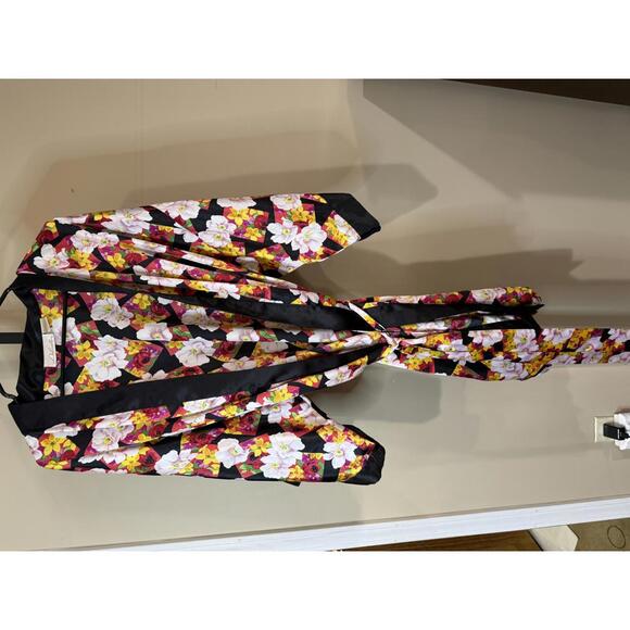 Floral Print Satin Robe with Black Trim Delicates Large - Picture 3 of 7